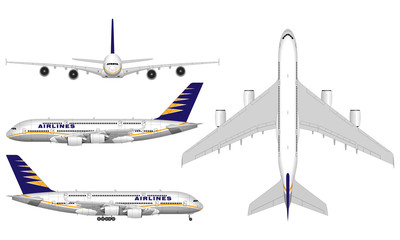 realistic big passenger airplane. view from above; front view; side view.