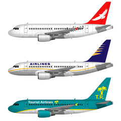 realistic passenger airplanes set. side view.