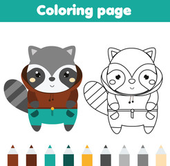 Coloring page with raccoon. Drawing kids activity. Printable toddlers fun