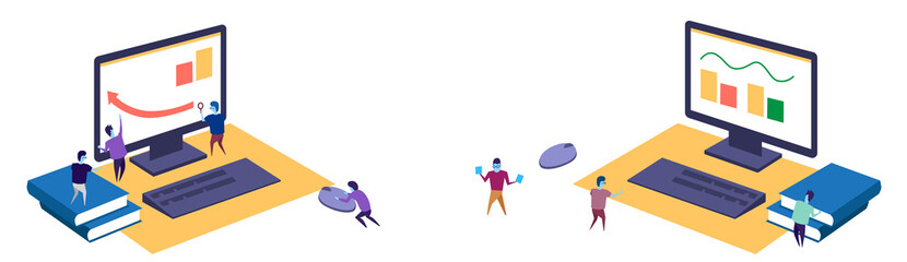 financial graph arrow up people working together workspace using magnifier teamwork process concept sketch doodle horizontal banner vector illustration