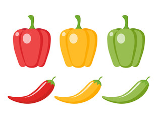 Set of red, yellow, green bell pepper and chilli peppres. Chilli pepper and bell pepper cartoon clipart.