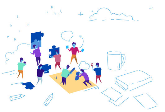 business people putting puzzle pieces team working jigsaw concept problem solution hardworking process sketch doodle vector illustration