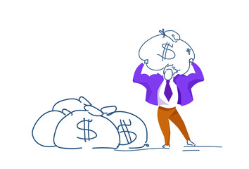 Businessman hold money bag dollar growth wealth concept successful strategy male colored silhouette sketch doodle horizontal vector illustration