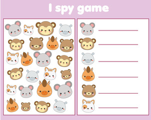 I spy game for toddlers. Find and count objects. Counting educational children activity. Cute animals faces