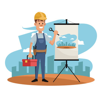 Construction worker with plans on whiteboard vector illustration graphic design