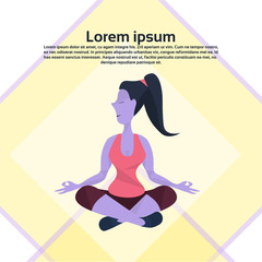violet cartoon character girl sitting pose doing yoga exercises yellow background copy space flat vector illustration
