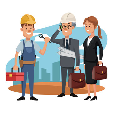 Business architects talking with construction worker vector illustration graphic design