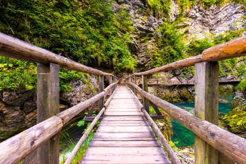 Fototapeta na wymiar Vintgar gorge, Slovenia. River near the Bled lake with wooden tourist paths, bridges above river and waterfalls. Hiking in the Triglav national park. Fresh nature, blue water in the forest. Wild trees