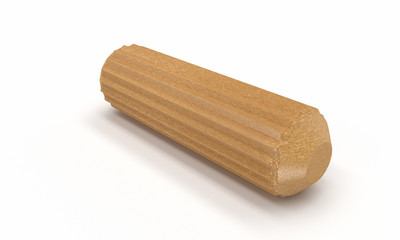 3D realistic render of single wooden dowel. Isolated on white background.