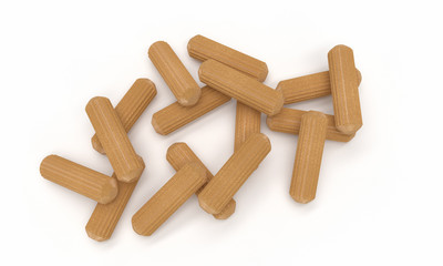 3D realistic render of multiple wooden dowel. Isolated on white background.