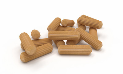 3D realistic render of multiple wooden dowel. Isolated on white background.