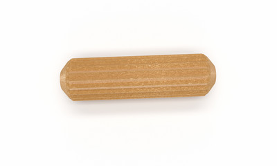 3D realistic render of single wooden dowel. Isolated on white background.