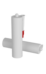 3D realistic render of two clean blank sealant, cement, glue, silicon tube, isolated on white background. Red lid.
