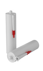 3D realistic render of two clean blank sealant, cement, glue, silicon tube, isolated on white background. Red lid.
