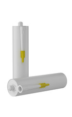 3D realistic render of two clean blank sealant, cement, glue, silicon tube, isolated on white background. Yellow lid.