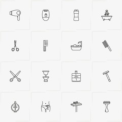 Bathroom line icon set with hair dryer, cream tube and bath