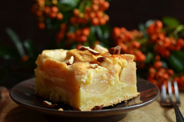 A square piece of apple pie on a brown saucer. Rowan branches in the background