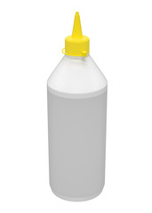 3D realistic render of wood glue bottle with yellow lid. Empty template. Isolated on white. Clipping path.
