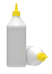 3D realistic render of wood glue bottle with yellow lid. Empty template. Isolated on white. Clipping path.