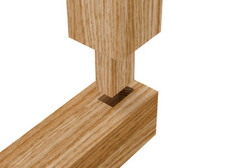 3D realistic render of boards with woodworking tenon inserted into a mortis. Isolated on white background