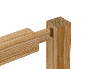 3D realistic render of boards with woodworking tenon inserted into a mortis. Isolated on white background