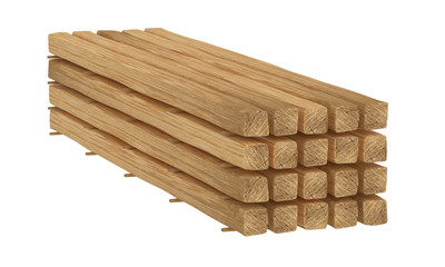 3D render. Fresh new wooden beams storage on a white background.