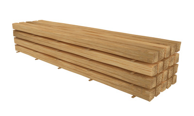 3D render. Fresh new wooden beams storage on a white background.