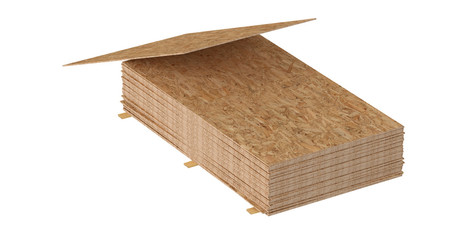 3D render of stack OSB boards. Isolated on white background.