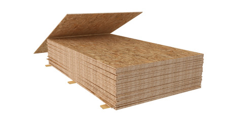 3D render of stack OSB boards. Isolated on white background.