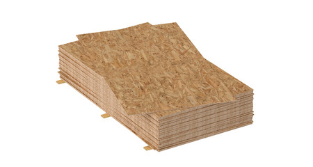 3D render of stack OSB boards. Isolated on white background.