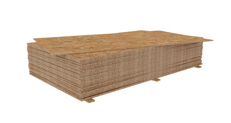 3D render of stack OSB boards. Isolated on white background.