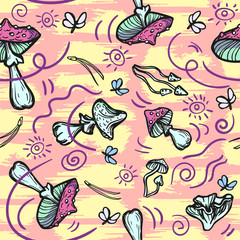 Obraz premium Seamless background with mushrooms, needles and moths. Amanita fly agari