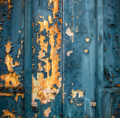 Wooden board surface with peeling old blue paint