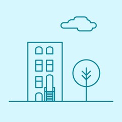 Vector city thin line office building with tree and cloud. Town business real estate apartment concept icon design. Isolated architecture construction house illustration.