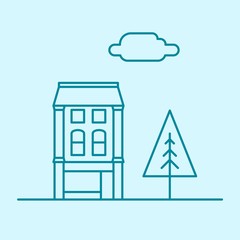 Fototapeta na wymiar Vector city thin line office building with tree and cloud. Town business real estate apartment concept icon design. Isolated architecture construction house illustration.