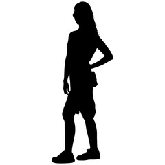 a woman with long hair and a short skirt is standing with a bag