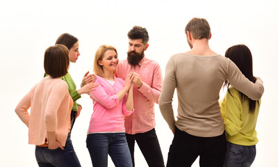 Youth, friends and couples speaking. Students, happy friends, couples have fun, white background, isolated. Communication concept. Young people spend leisure together, cheerful company hangs out