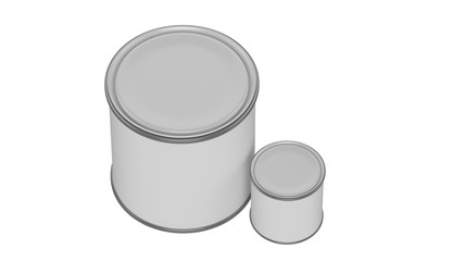 3D realistic render. Composition of two isolated paint can with white lid. Big and small. Design template.