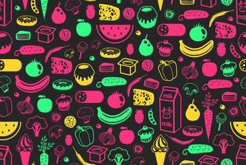 Seamless pattern with different food. isolated on black background