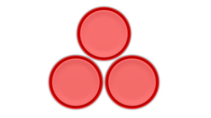 3D realistic render. Composition of three isolated paint can with red lid. Design template.