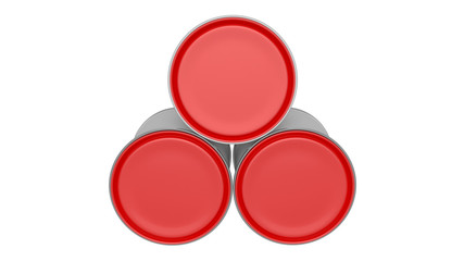 3D realistic render. Composition of three isolated paint can with red lid. Design template.