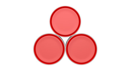 3D realistic render. Composition of three isolated paint can with red lid. Design template.