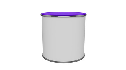 3D realistic render. Composition of single isolated paint can with purple lid. Design template.