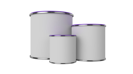 3D realistic render. Composition of three isolated paint can with purple lid. Big, medium and small. Design template.