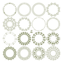 Set of sixteen dark olive-colored openwork frames and wreaths of curls, outlines of flowers, leaves and dots vector objects isolated on white background.