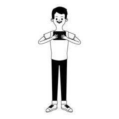Young man with portable videogame vector illustration graphic design