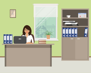 Office worker is sitting at a desk in a green office room. There is also a cabinet for documents, a laptop, blue folders in the picture. There is a flower on the windowsill. Vector illustration.