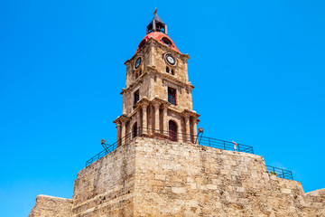 Fototapeta na wymiar Medieval Clock Tower in Rhodes