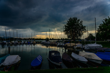 Port of the city Bregenz at Lake Constance by night.