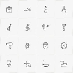 Bathroom line icon set with perfume, faucet and teeth brush